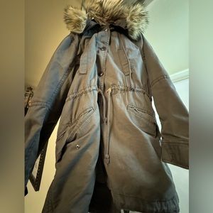 Charcoal canvas hooded jacket.